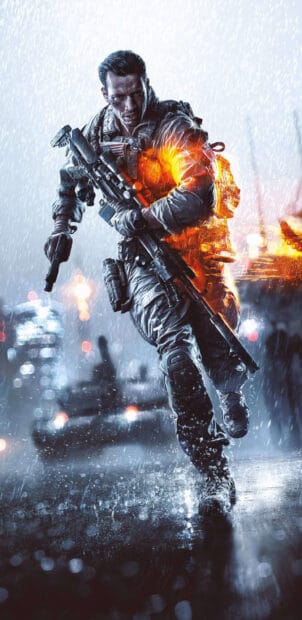 A soldier is running in the rain holding a sniper rifle in this shooter game wallpapers scene, 2K Phone Wallpaper