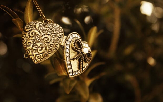 A close up of intricate heart shaped locket jewelry hanging on a branch, HD Desktop Wallpaper