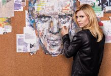 A woman in a leather jacket stands by a detailed collage face on a corkboard filled with papers, Homeland Wallpapers, HD Desktop Wallpaper