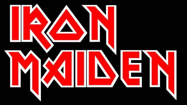 The image shows the Iron Maiden band logo in red and white on a black background, 4K Desktop Wallpaper