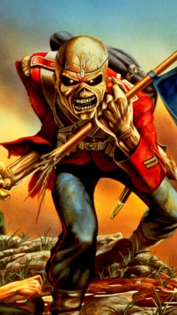 An aggressive soldier character from Iron Maiden band artwork holds a broken rifle, HD iPhone Wallpaper