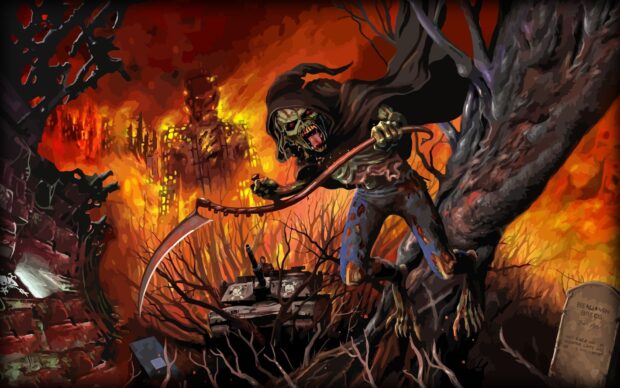 A fierce undead creature holds a scythe in a fiery battlefield with a tank and burning ruins, HD Desktop Wallpaper