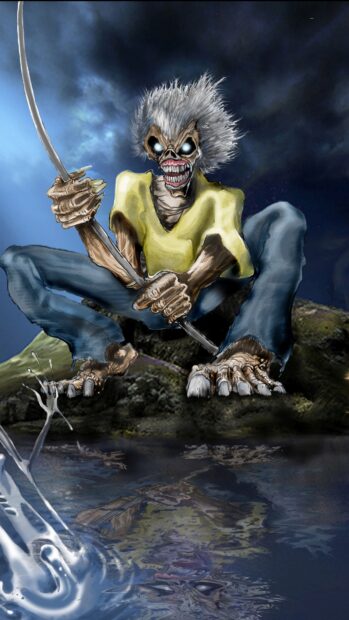 The Iron Maiden band mascot is shown jumping near water with intense expression, 4K Phone Wallpaper
