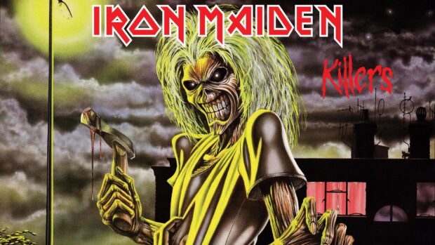 A sinister figure holding an axe represents the Iron Maiden band in this chilling scene, HD Desktop Wallpaper