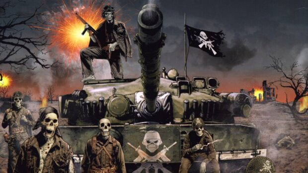 A skeleton soldier stands on a tank with a dark battlefield behind in this Iron Maiden Band Wallpapers, HD Desktop Wallpaper