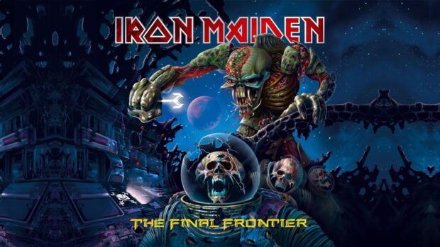 A monstrous figure attacks a skull faced astronaut in space featuring Iron Maiden band wallpapers, HD Desktop Wallpaper