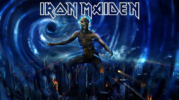A menacing figure towers over a burning city with lightning effects in Iron Maiden band wallpapers, 2K Desktop Wallpaper