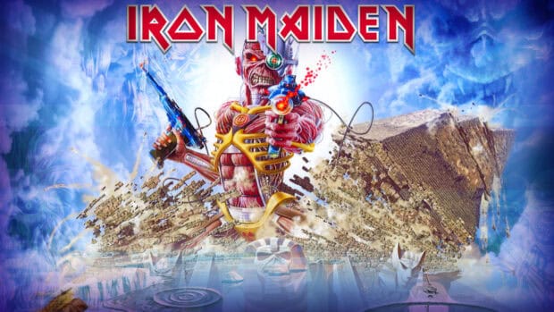 The image features a futuristic warrior with a mechanical eye and skeletal armor, representing Iron Maiden band themes, HD Desktop Wallpaper