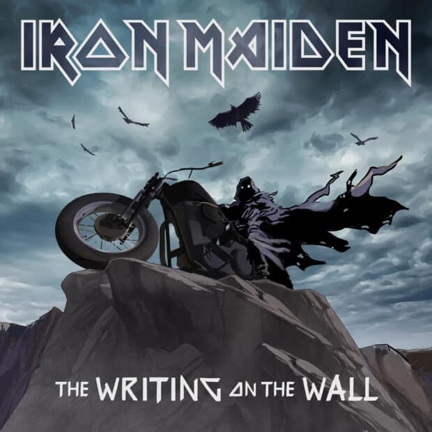 A grim reaper figure rides a motorcycle on a rocky cliff under a cloudy sky with Iron Maiden band name, HD Desktop Wallpaper