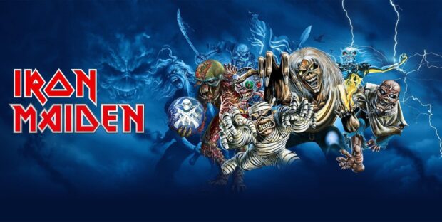 This image shows Iron Maiden band with their iconic characters and dark fantasy theme, HD Desktop Wallpaper