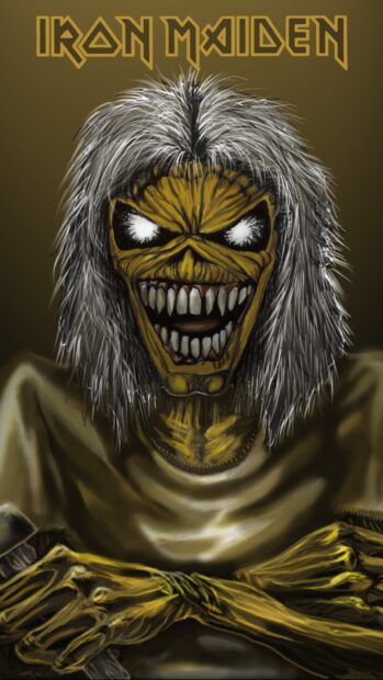 A detailed illustration of an Iron Maiden character with glowing eyes and sharp teeth, HD Phone Wallpaper