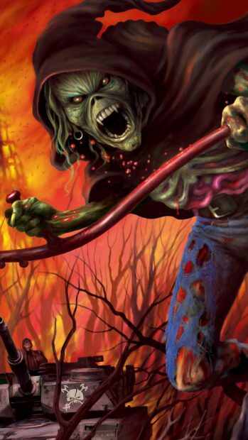 A fierce undead character from Iron Maiden band is shown in a fiery battle scene, HD Mobile Wallpaper
