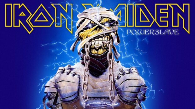 The Iron Maiden band is featured with their iconic mummy wrapped in chains and lightning, 2K Desktop Wallpaper