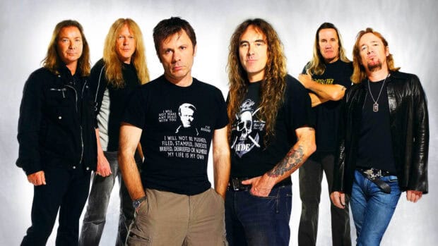 The Iron Maiden band stands together in casual clothes with a white background, HD Desktop Wallpaper