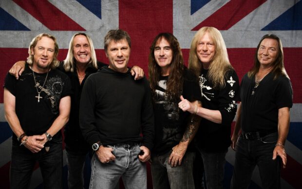 The Iron Maiden band posing in front of a British flag with casual outfits, HD Desktop Wallpaper