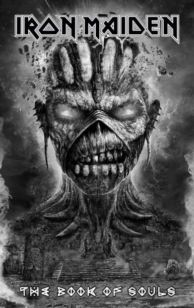 A dark skull figure from Iron Maiden band with ancient temple in the background, HD Mobile Wallpaper