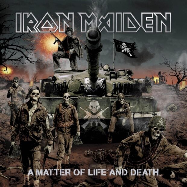 The Iron Maiden band war scene shows skeleton soldiers around a tank with a dark battlefield background, HD Desktop Wallpaper