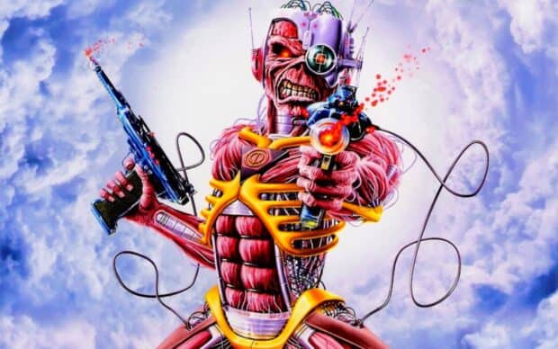 The Iron Maiden cyborg is holding weapons against a cloudy sky, HD Desktop Wallpaper