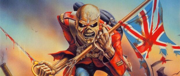 A menacing skeletal soldier holding a torn British flag appears in Iron Maiden band artwork, 2K Desktop Wallpaper