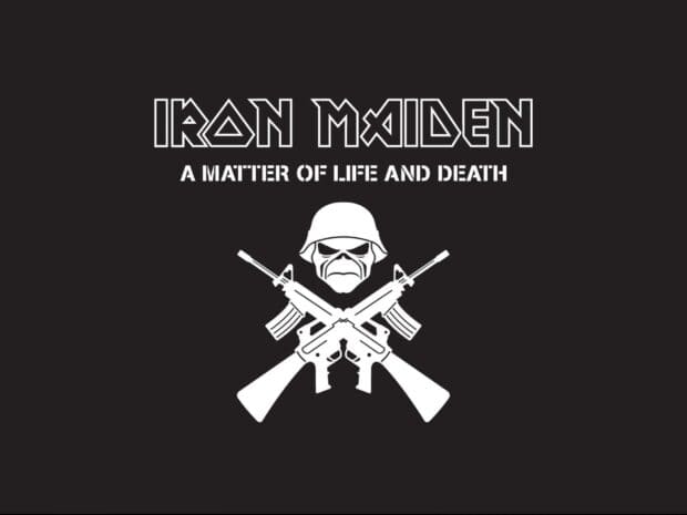 The Iron Maiden life and death logo shows a helmeted skull with crossed rifles on a black background, HD Desktop Wallpaper
