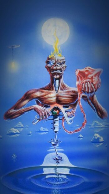 A surreal figure with flames on its head and mechanical body parts represents Iron Maiden band, HD Mobile Wallpaper