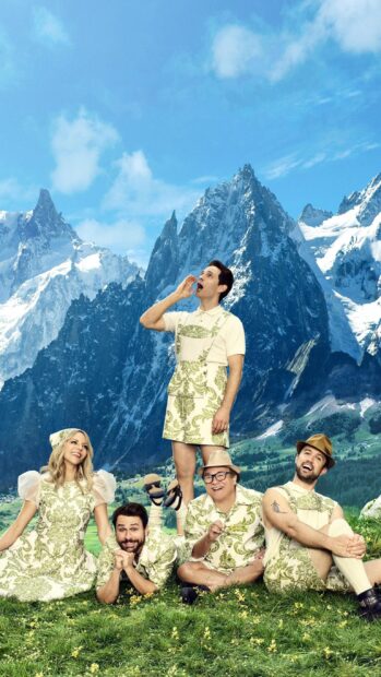 The cast of Its Always Sunny in Philadelphia poses in scenic mountain landscape, 2K Mobile Wallpaper