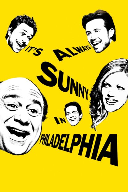 Faces of the Its Always Sunny In Philadelphia tv series on a yellow background, HD Phone Wallpaper