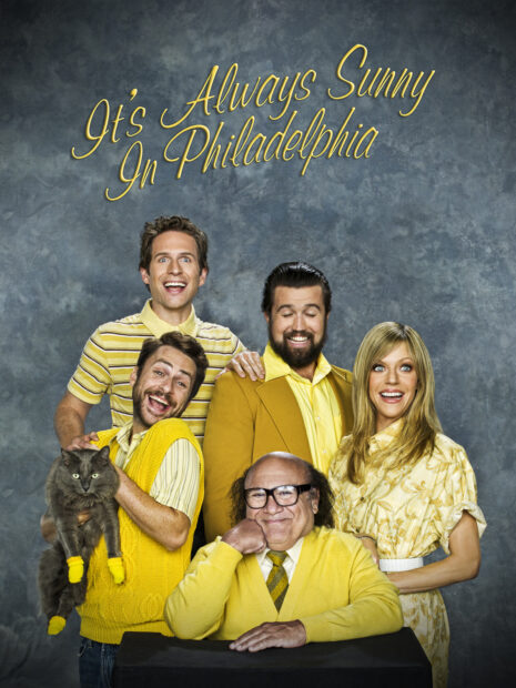 The cast of Its Always Sunny In Philadelphia poses together with a cat in yellow outfits, HD Mobile Wallpaper