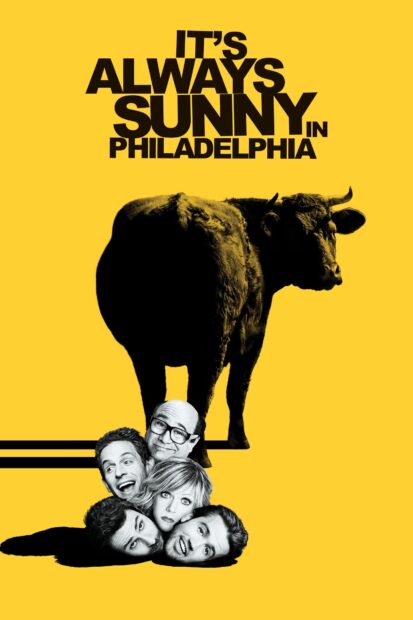 The cast of Its Always Sunny In Philadelphia poses with a black cow on a yellow background, HD Phone Wallpaper