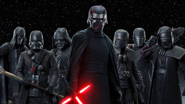 This image shows a group of dark armored characters from a JJ Abrams creation holding weapons in space, 4K Desktop Wallpaper