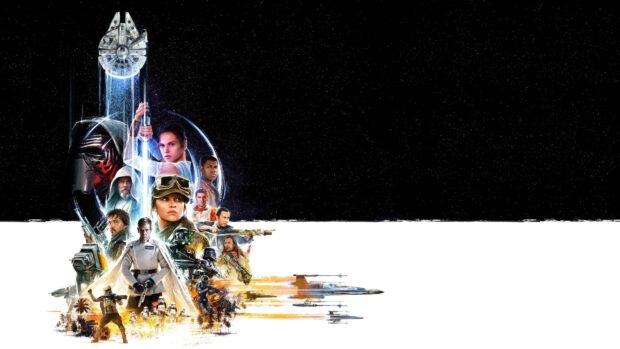 Characters and spaceships from JJ Abrams movies in a starry background, 4K Desktop Wallpaper
