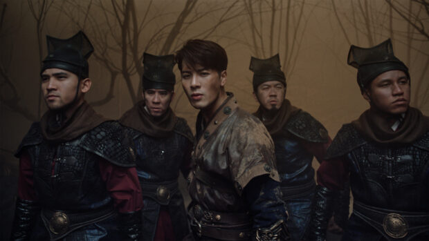 Jackson Wang and warriors stand ready in a foggy forest scene, HD Desktop Wallpaper