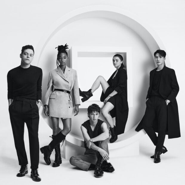 A group of five stylish people pose in a modern geometric setting showcasing fashion and confidence, HD Desktop Wallpaper