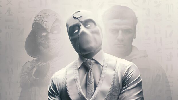 Jake Lockley Wallpapers showing a mysterious figure in a mask and suit with two faded faces in the background, HD Desktop Wallpaper