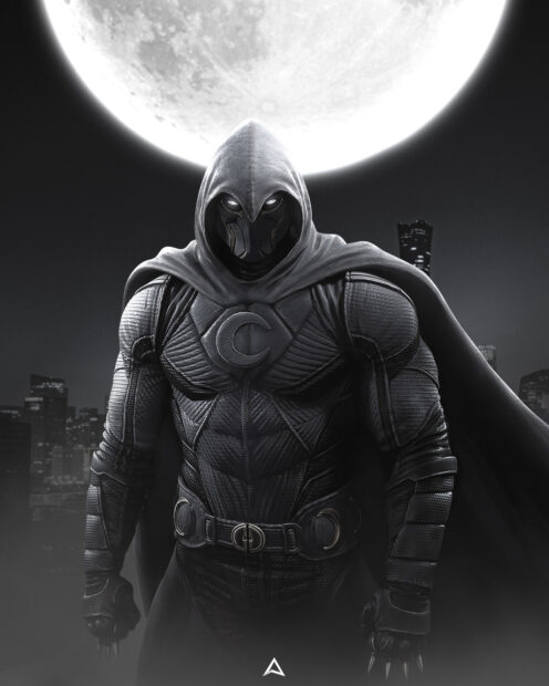 Jake Lockley stands with a full moon behind him in a dark cityscape, HD Desktop Wallpaper