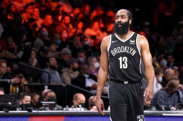 James Harden plays for the Brooklyn Nets in an intense basketball game, HD Desktop Wallpaper