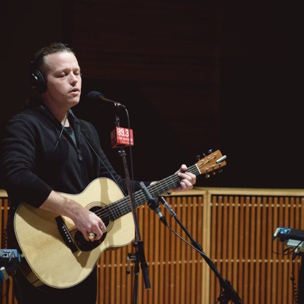 Jason Isbell playing guitar and singing in a recording studio session, HD Desktop Wallpaper