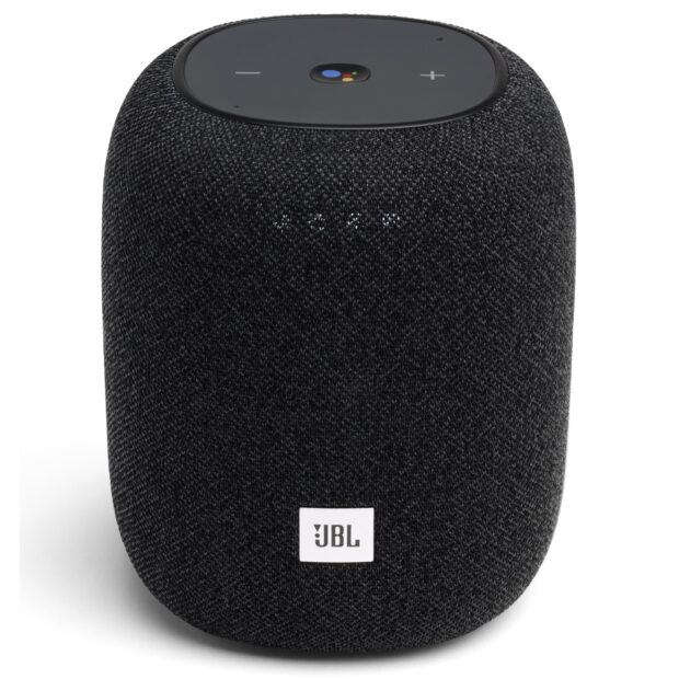 A black JBL smart speaker with fabric texture and control buttons is displayed, HD Desktop Wallpaper