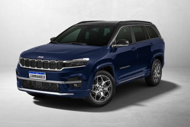 A navy blue Jeep Commander is shown from the front side in a studio, HD Desktop Wallpaper