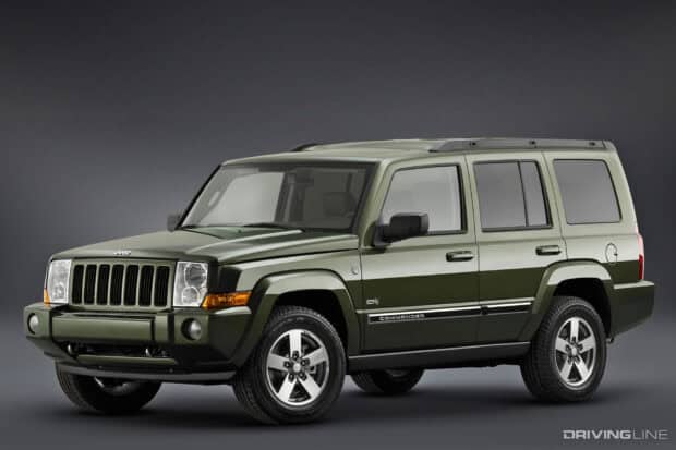 A green Jeep Commander stands in a controlled studio environment against a gray backdrop, HD Desktop Wallpaper