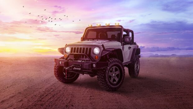 A Jeep is parked on a desert ground under a colorful sunset sky with birds flying, 4K Desktop Wallpaper