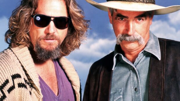 Jeffrey Bridges stands with a man wearing a cowboy hat against a blue sky, HD Desktop Wallpaper