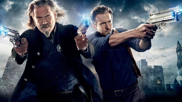 Two men aiming guns in a dramatic cityscape scene with Jeffrey Bridges, HD Desktop Wallpaper