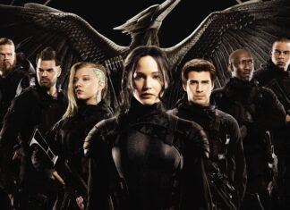 Jennifer Lawrence with the Hunger Games cast standing with a large bird symbol behind them, HD Desktop Wallpaper