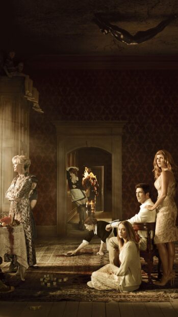 A dramatic scene featuring Jessica Lange and other characters in a dimly lit room, 2K Mobile Wallpaper