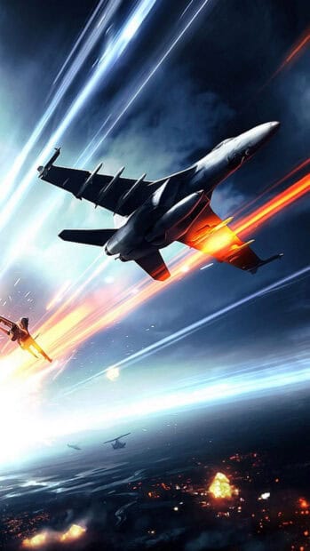 A jet fighter is flying fast with trails of light and explosions below in the dynamic scene, HD Phone Wallpaper
