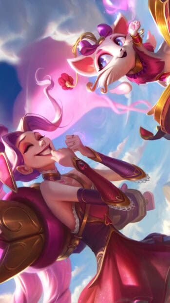 A bright magical character from the Jinx Lol wallpapers is smiling with a playful white cat, 4K Phone Wallpaper