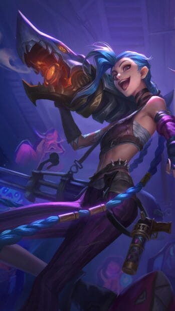 Jinx Lol wallpapers character holding a large mechanical weapon with a playful expression, 4K Phone Wallpaper