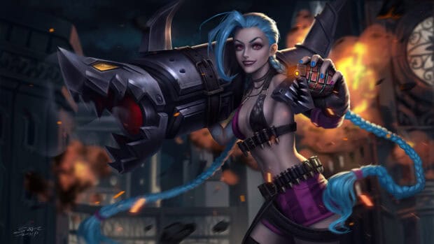 Jinx Lol character holding a large weapon with a fiery background, 4K Desktop Wallpaper