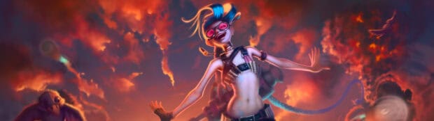A digital art of Jinx Lol character smiling with a fiery sky background, 4K Desktop Wallpaper